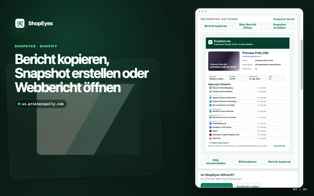 ShopEyes-Erweiterungsfenster mit Bericht, Snapshot und Aktionen für die Web-Recherche