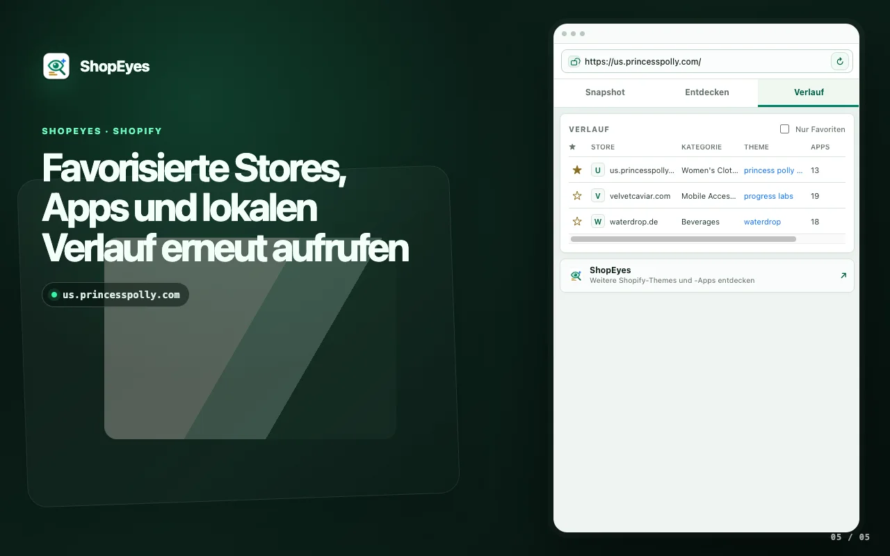 ShopEyes-Erweiterungsfenster mit gespeicherten Stores und gespeicherten Apps