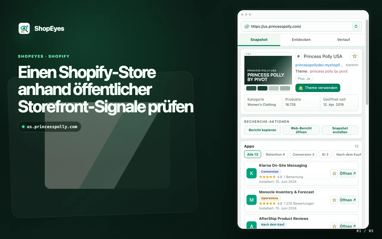 ShopEyes Chrome-Erweiterung zeigt Shopify-App- und Theme-Erkennung in einem Erweiterungsfenster