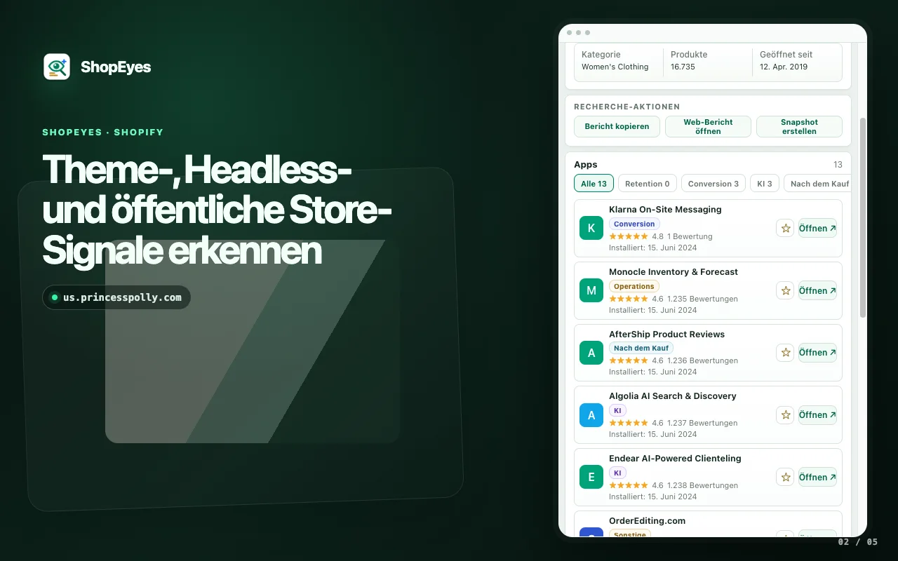 ShopEyes-Erweiterungsfenster mit Shopify-Theme und Shop-Signalen