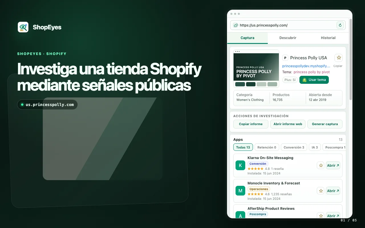 Extensión ShopEyes para Chrome que muestra la app Shopify y la detección de temas en una ventana de extensión
