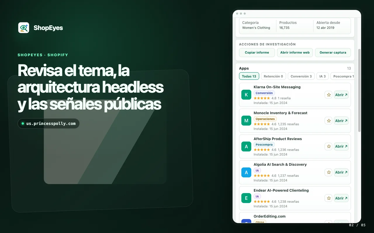 Ventana de extensión ShopEyes que muestra el tema de Shopify y las señales de la tienda