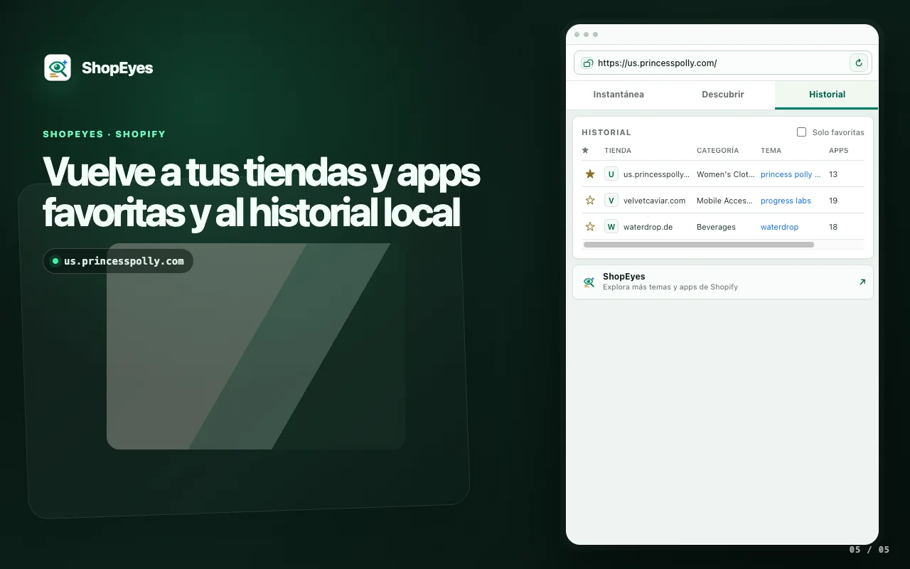Ventana de extensión ShopEyes que muestra tiendas guardadas y apps guardadas