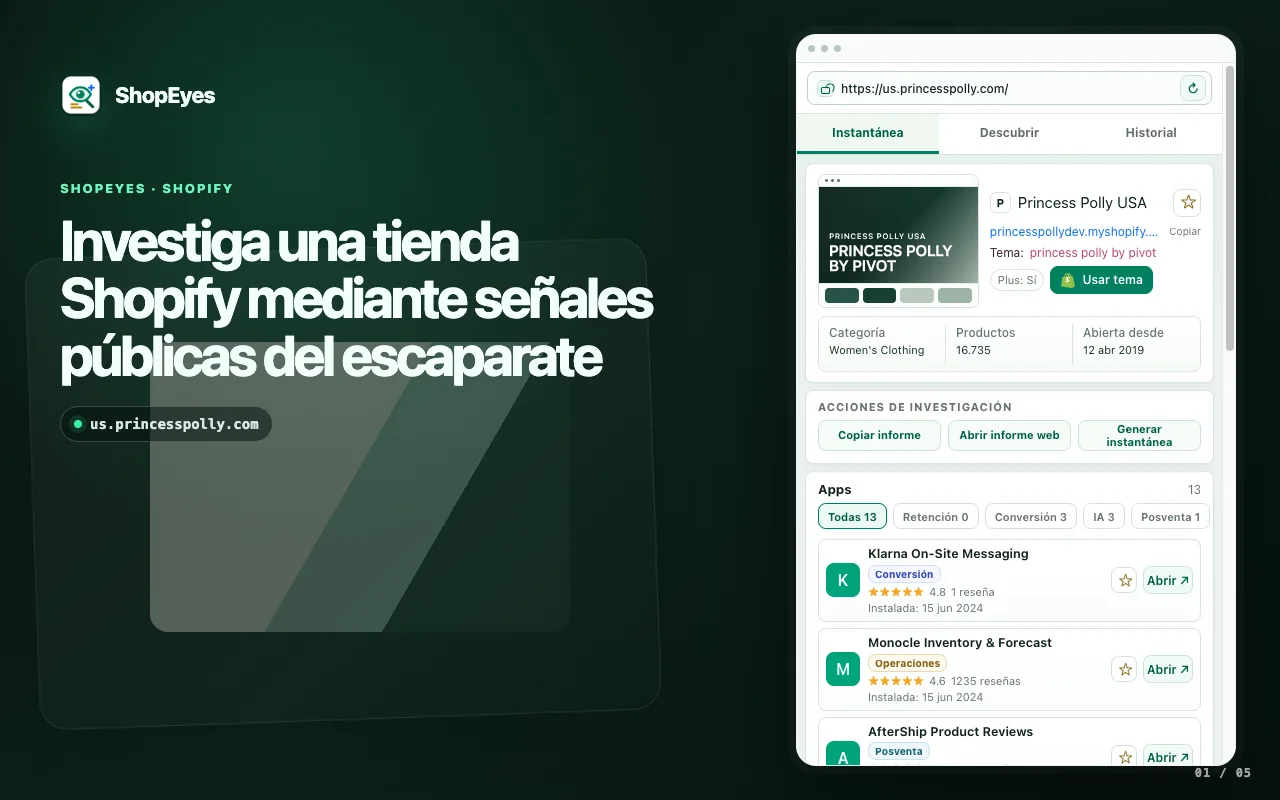 Extensión ShopEyes para Chrome que muestra la app Shopify y la detección de temas en una ventana de extensión