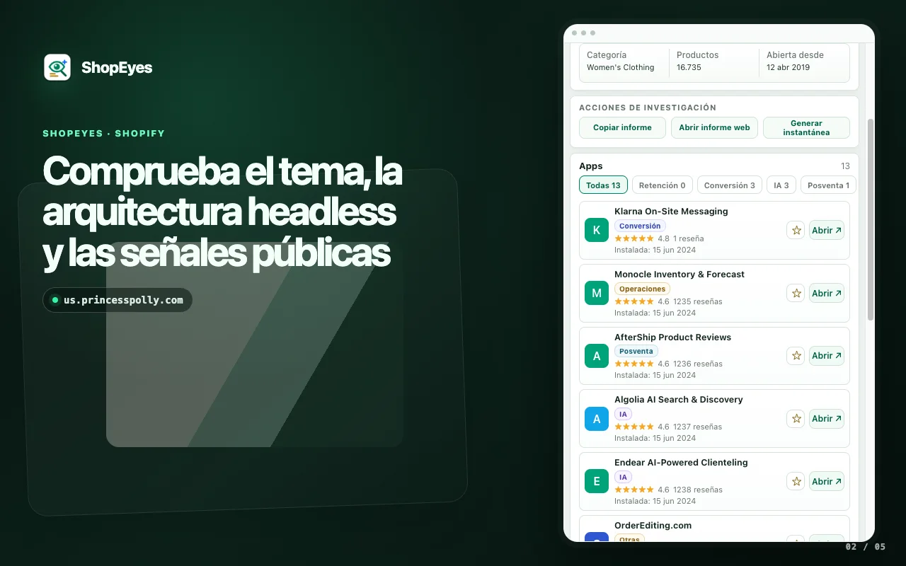 Ventana de extensión ShopEyes que muestra el tema de Shopify y las señales de la tienda