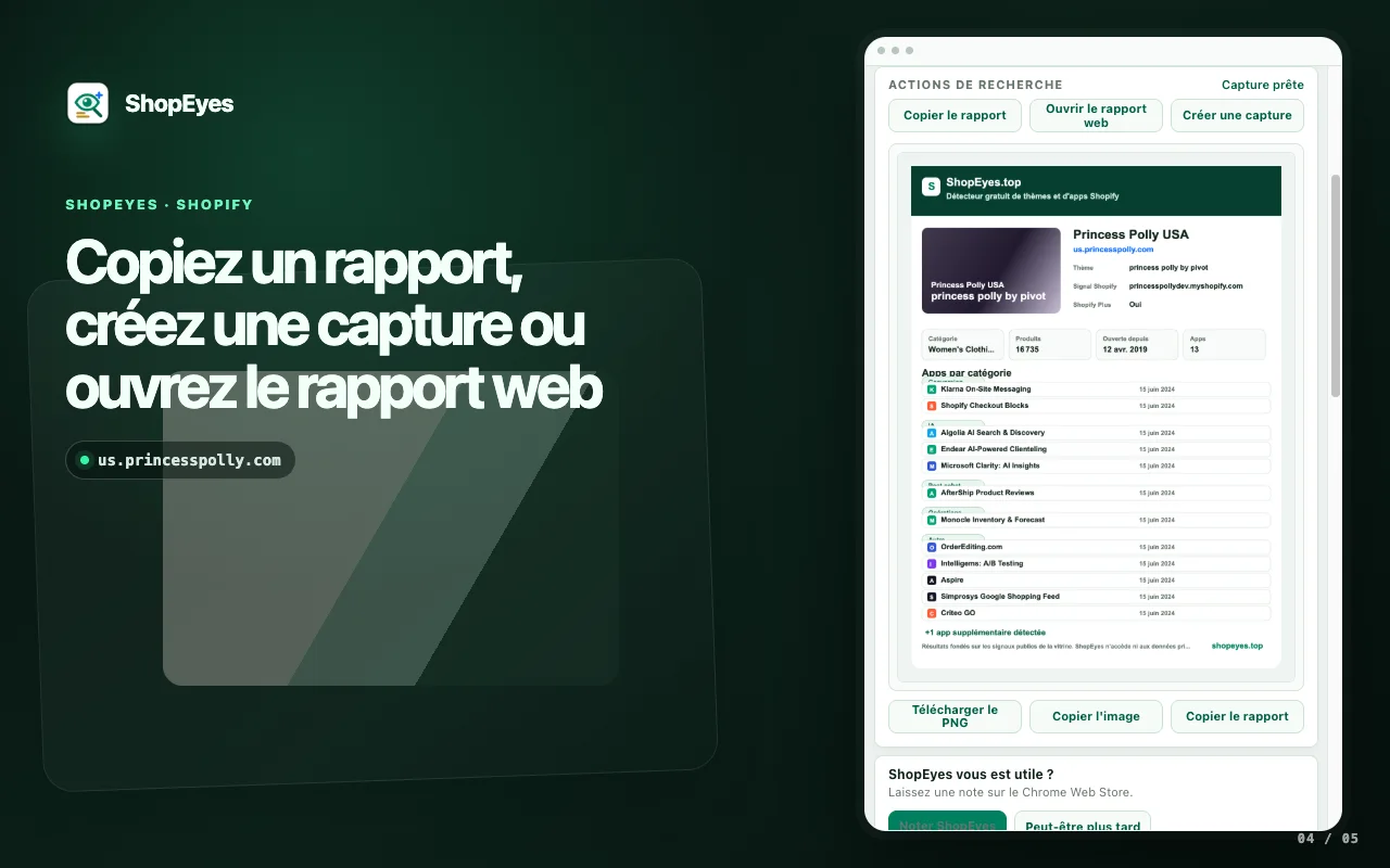 Fenêtre de l’extension ShopEyes affichant les actions de rapport, de capture et de recherche web