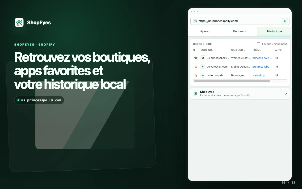 Fenêtre d'extension ShopEyes affichant les boutiques enregistrés et les apps enregistrées