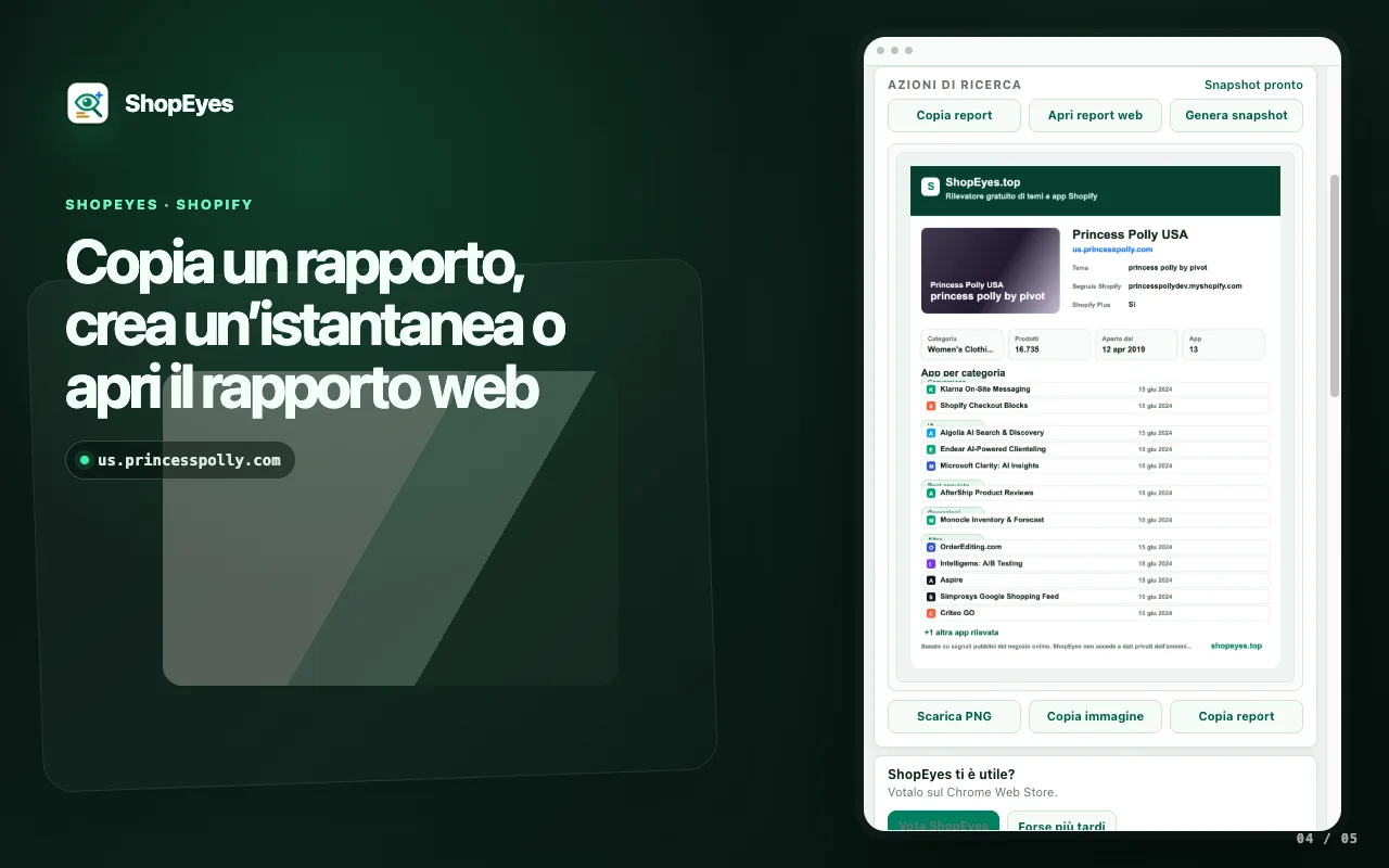 Finestra dell’estensione ShopEyes con azioni per il rapporto, l’istantanea e la ricerca web