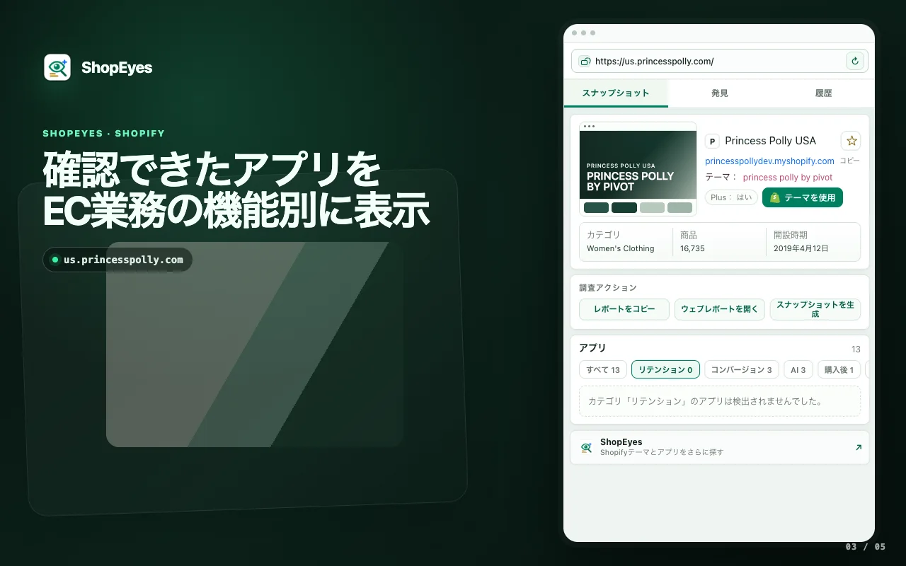 ShopEyes 拡張機能ウィンドウが Shopify アプリ検出を表示