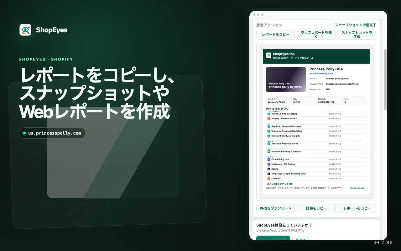 レポート、スナップショット、Web調査の操作を表示するShopEyes拡張機能ウィンドウ