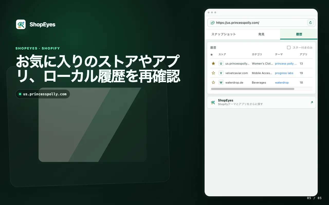 ShopEyes 拡張機能ウィンドウが保存されたストアと保存されたアプリを表示