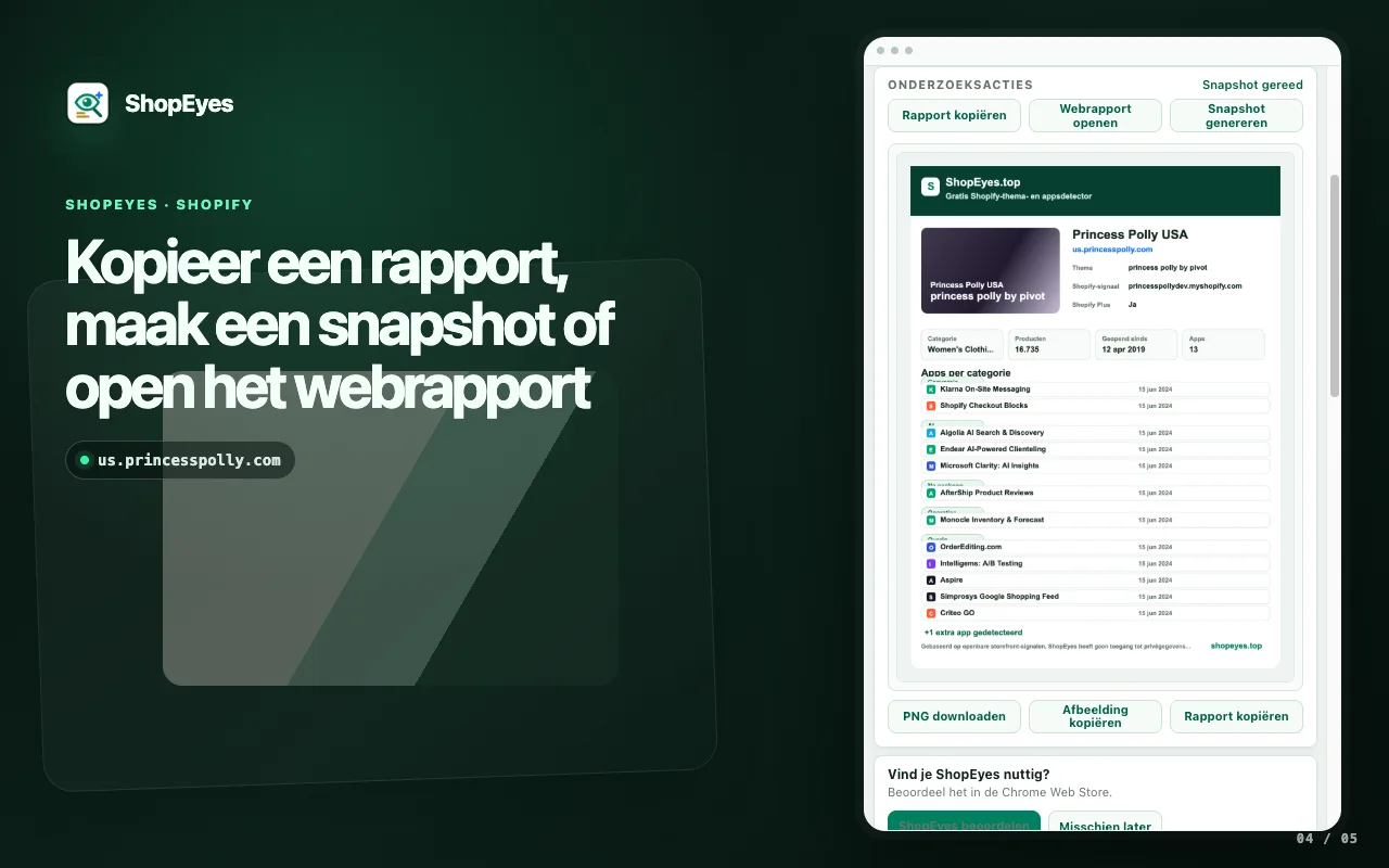 ShopEyes-extensievenster met acties voor het rapport, de snapshot en het webrapport