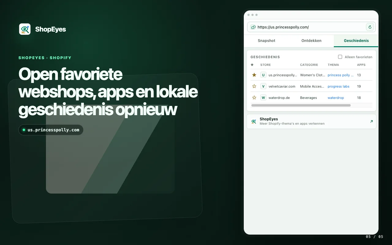 ShopEyes-extensievenster met opgeslagen winkels en opgeslagen apps