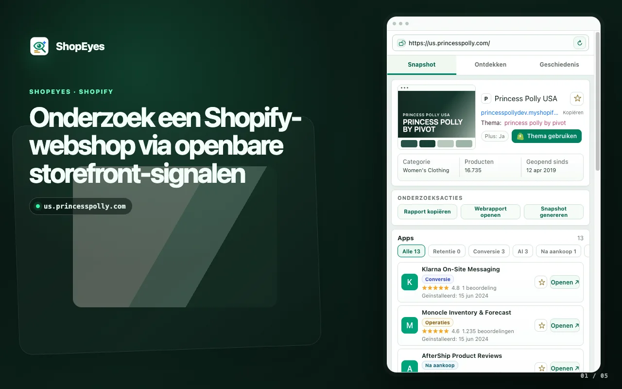 ShopEyes Chrome-extensie toont Shopify-app en themadetectie in een extensievenster