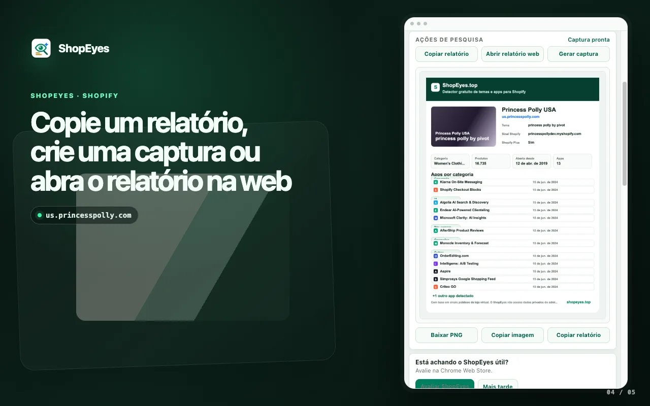 Janela da extensão ShopEyes com ações para relatório, snapshot e pesquisa na web