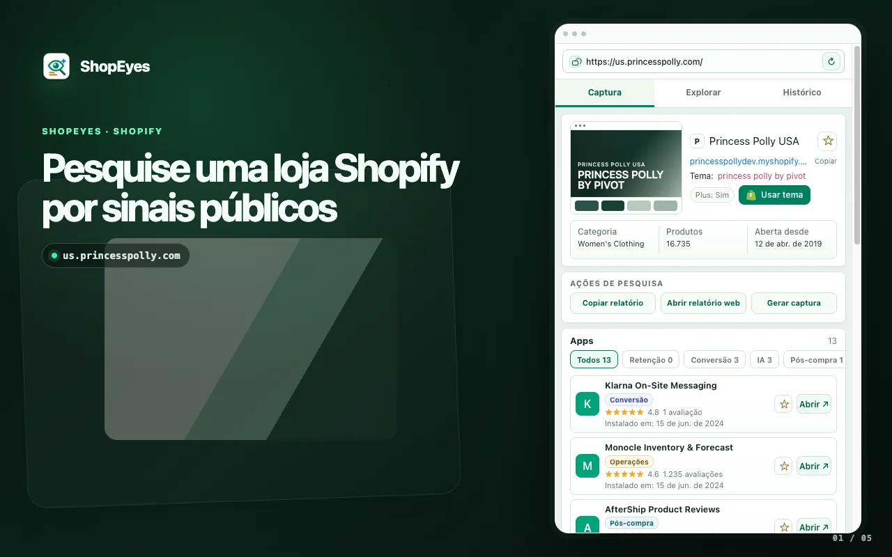 Extensão ShopEyes para Chrome mostrando app Shopify e detecção de tema em uma janela de extensão