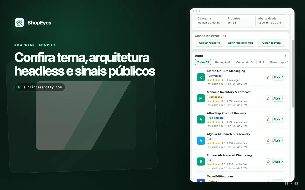 Janela de extensão do ShopEyes mostrando o tema do Shopify e sinais da loja