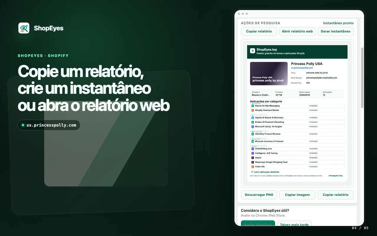 Janela da extensão ShopEyes com ações para relatório, instantâneo e pesquisa web