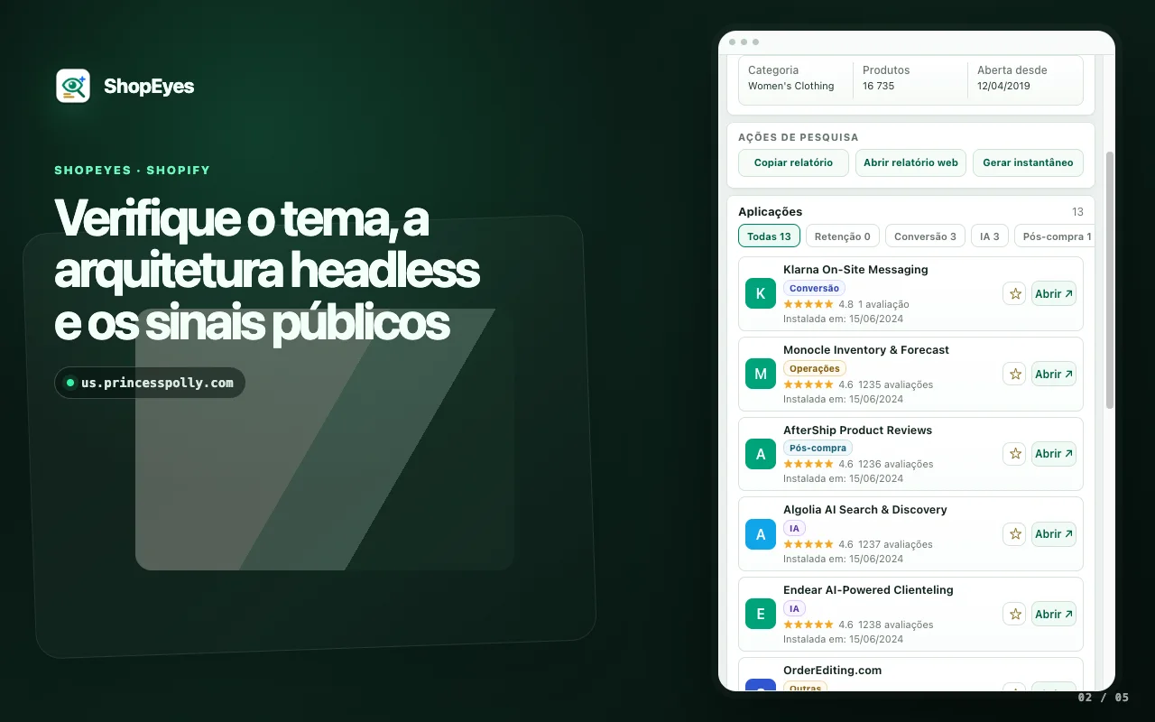 Janela de extensão do ShopEyes mostrando o tema do Shopify e os sinais da loja