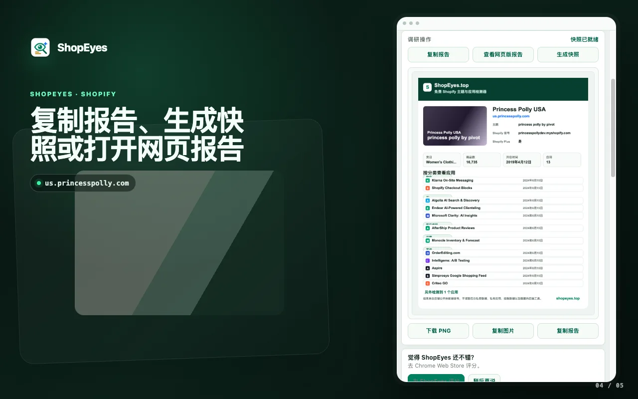 ShopEyes 扩展窗口显示报告、快照和网页调研操作